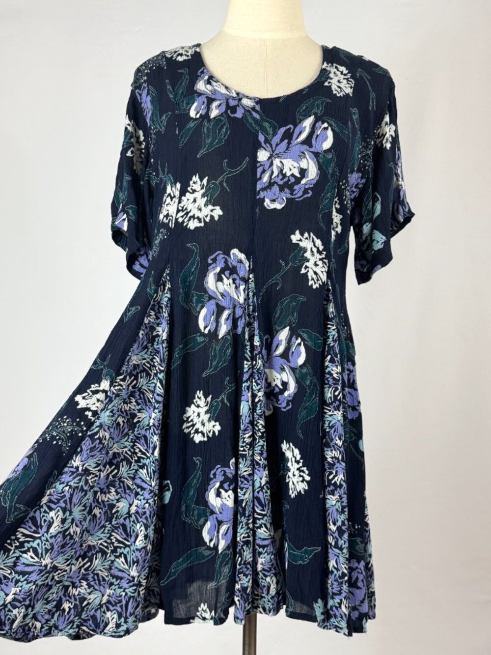 Vtg 90s Starina Floral Babydoll Dress Oversized Navy Periwinkle Godet Grunge